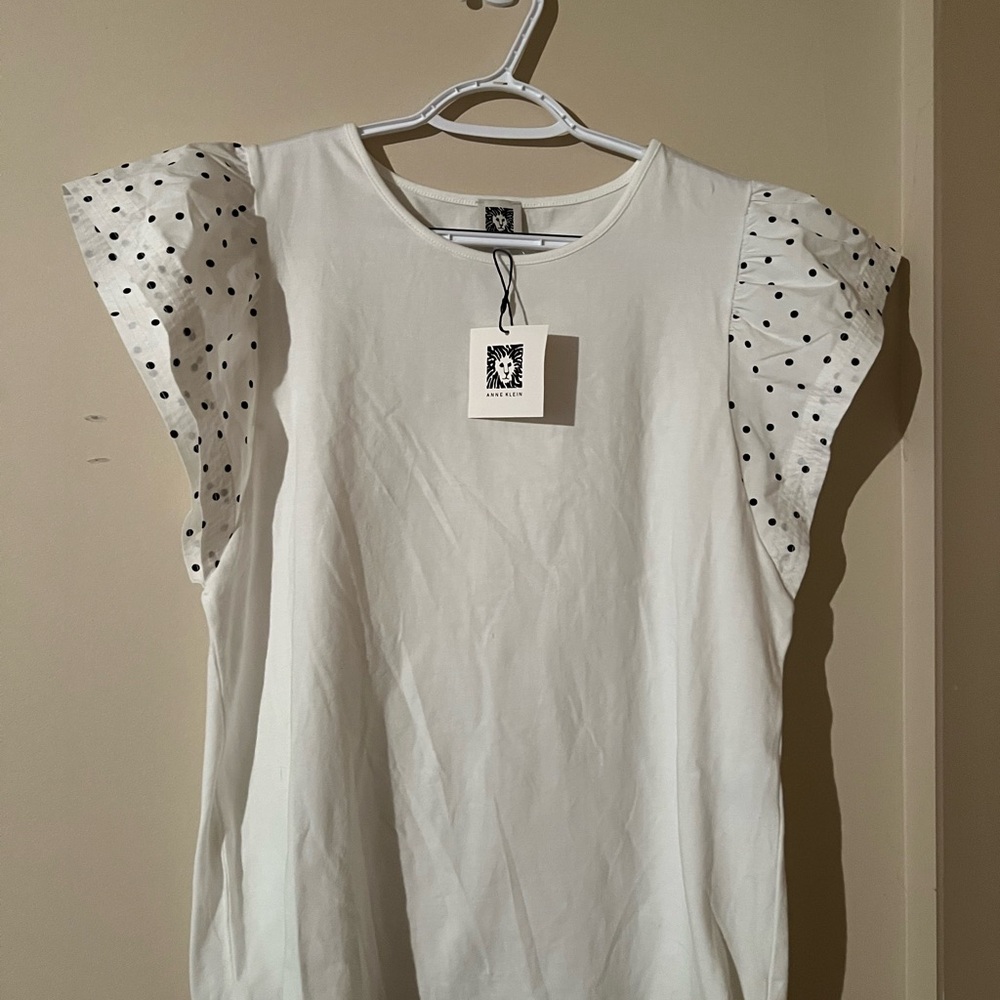 NWT Anne Klein White Blouse with Black Polka Dot Sleeves